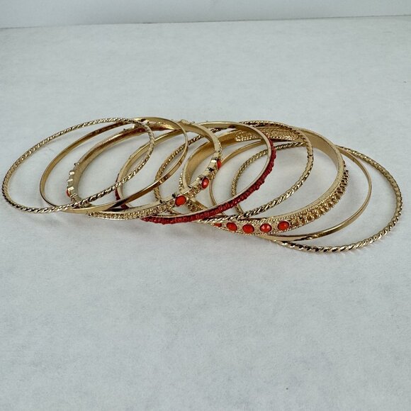 Gold-tone Coral Bangle Bracelet 8 pcs Set Textured Detailing Beaded Accents 2.5" - Picture 6 of 7
